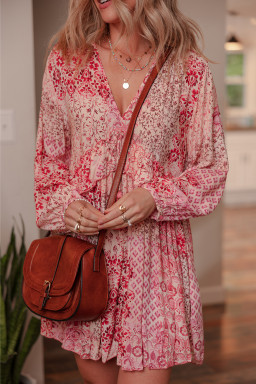 Pink Bohemian Floral Print Tassel Tie Long Sleeve Flowy Mini Dress