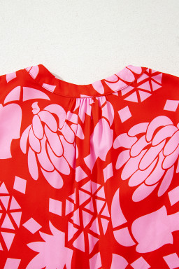 Strawberry Pink Floral Print Tie V Neck Blouse