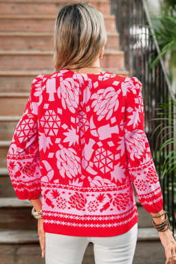 Strawberry Pink Floral Print Tie V Neck Blouse