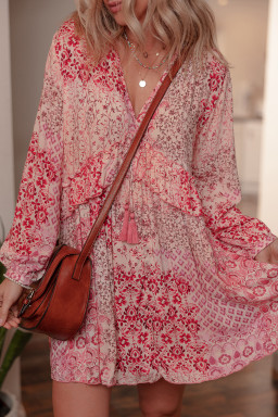 Pink Bohemian Floral Print Tassel Tie Long Sleeve Flowy Mini Dress