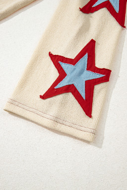Beige USA Star Patchwork Exposed Seam Long Sleeve Top