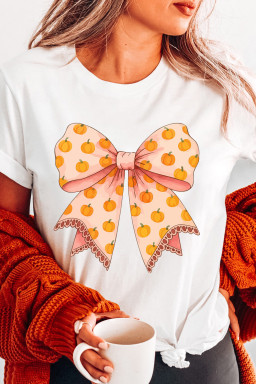 White Pumpkin Bow Heat Transfer Printing Thanksgiving T Shirt