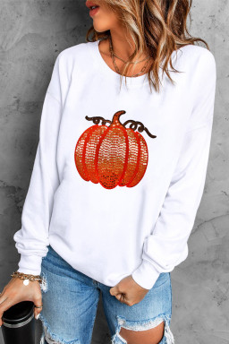 White Sequin Pumpkin Patched Casual Pullover Graphic Sweatshirt