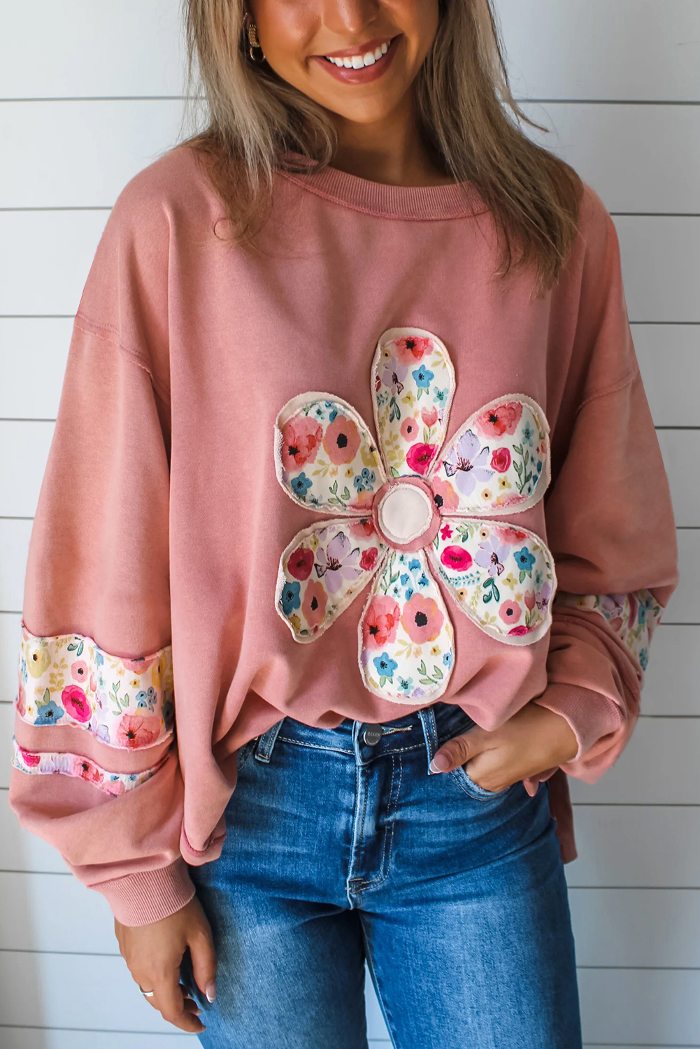 Peach Blossom Flower Applique Patchwork Drop Sleeve Pullover