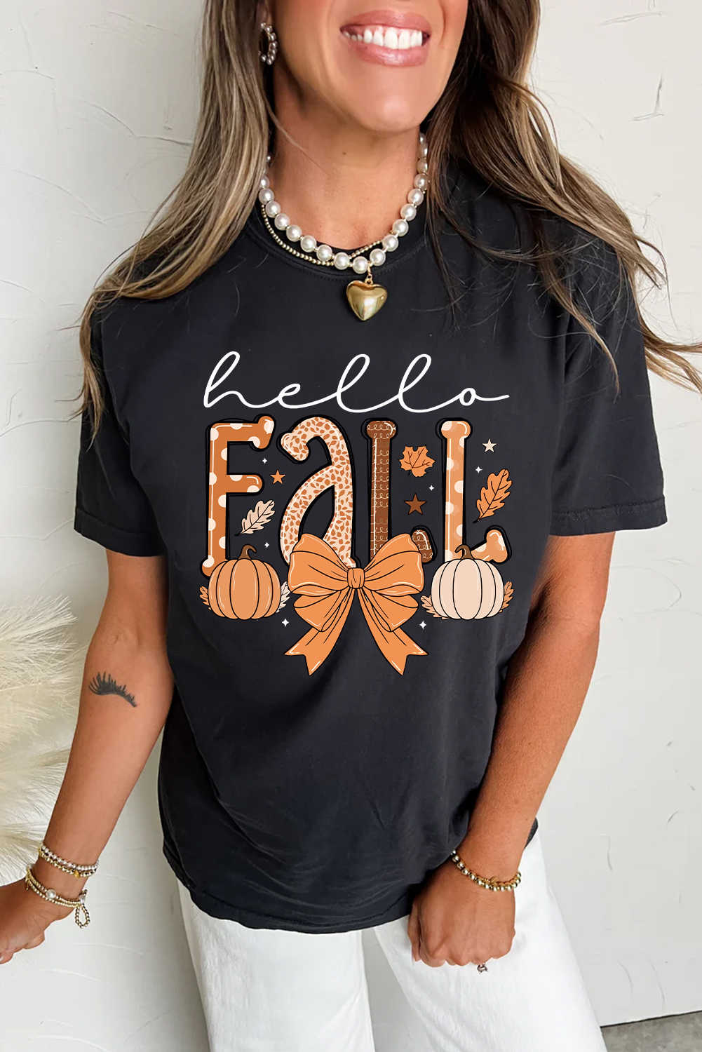 Black Hello Fall Thanksgiving Bow Pumpkin Heat Transfer Printing Graphic Tee