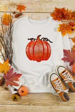 White Sequin Pumpkin Patched Casual Pullover Graphic Sweatshirt