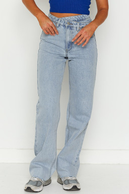 Sky Blue Mid Rise Asymmetrical Waist Wide Leg Jeans