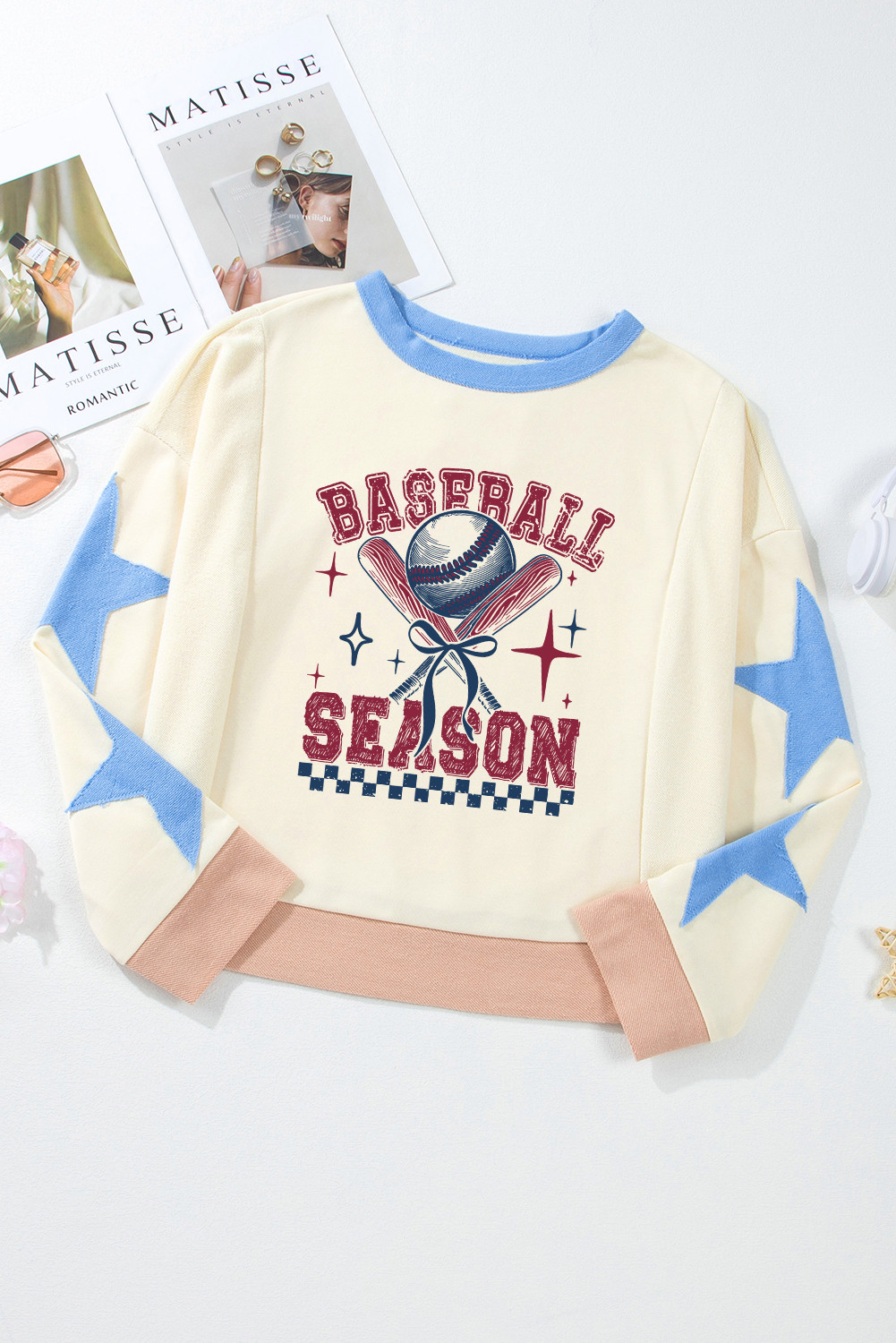 Beige BASEBALL SEASON Graphic Star Heat Transfer Printing Game Day Sweatshirt