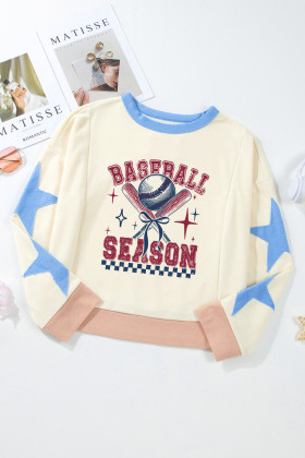 Beige BASEBALL SEASON Graphic Star Heat Transfer Printing Game Day Sweatshirt
