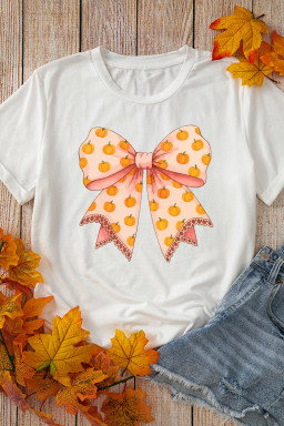 White Pumpkin Bow Heat Transfer Printing Thanksgiving T Shirt