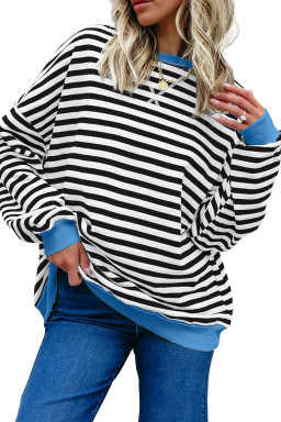 White Striped Contrast Trim Drop Shoulder Sweatshirt