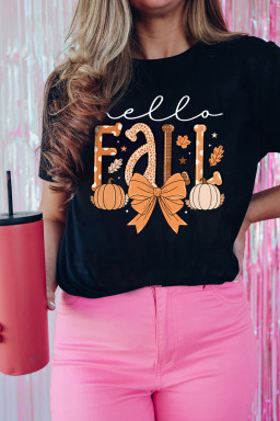 Black Hello Fall Thanksgiving Bow Pumpkin Heat Transfer Printing Graphic Tee