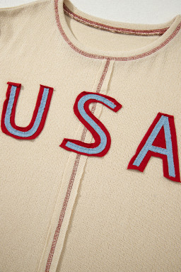 Beige USA Star Patchwork Exposed Seam Long Sleeve Top