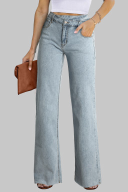Sky Blue Mid Rise Asymmetrical Waist Wide Leg Jeans