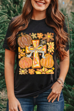 Black Thanksgiving Pray Cross Pumpkin Heat Transfer Printing Graphic Cotton Blend Tee