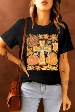 Black Thanksgiving Pray Cross Pumpkin Heat Transfer Printing Graphic Cotton Blend Tee