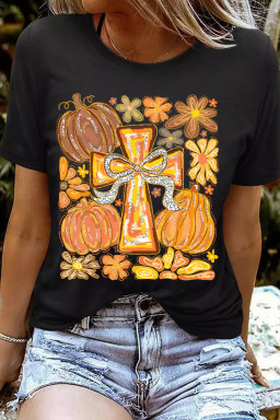 Black Thanksgiving Pray Cross Pumpkin Heat Transfer Printing Graphic Cotton Blend Tee