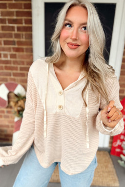 Oatmeal Waffle Patchwork Drop Shoulder Hooded Long Sleeve Top