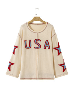 Beige USA Star Patchwork Exposed Seam Long Sleeve Top