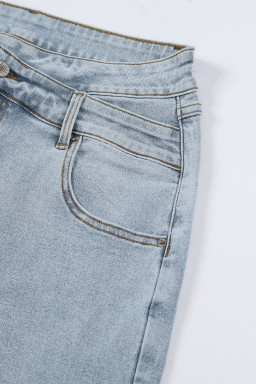 Sky Blue Mid Rise Asymmetrical Waist Wide Leg Jeans