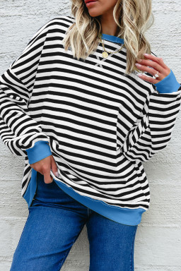 White Striped Contrast Trim Drop Shoulder Sweatshirt