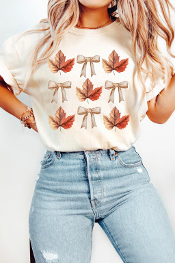 White Fall Leaf Bow Heat Transfer Printing T Shirt