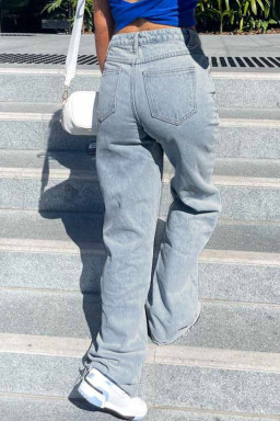 Sky Blue Mid Rise Asymmetrical Waist Wide Leg Jeans