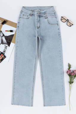 Sky Blue Mid Rise Asymmetrical Waist Wide Leg Jeans
