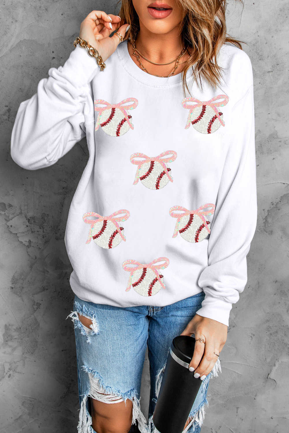 White Sequin Bow Baseball Patched Casual Sweatshirt