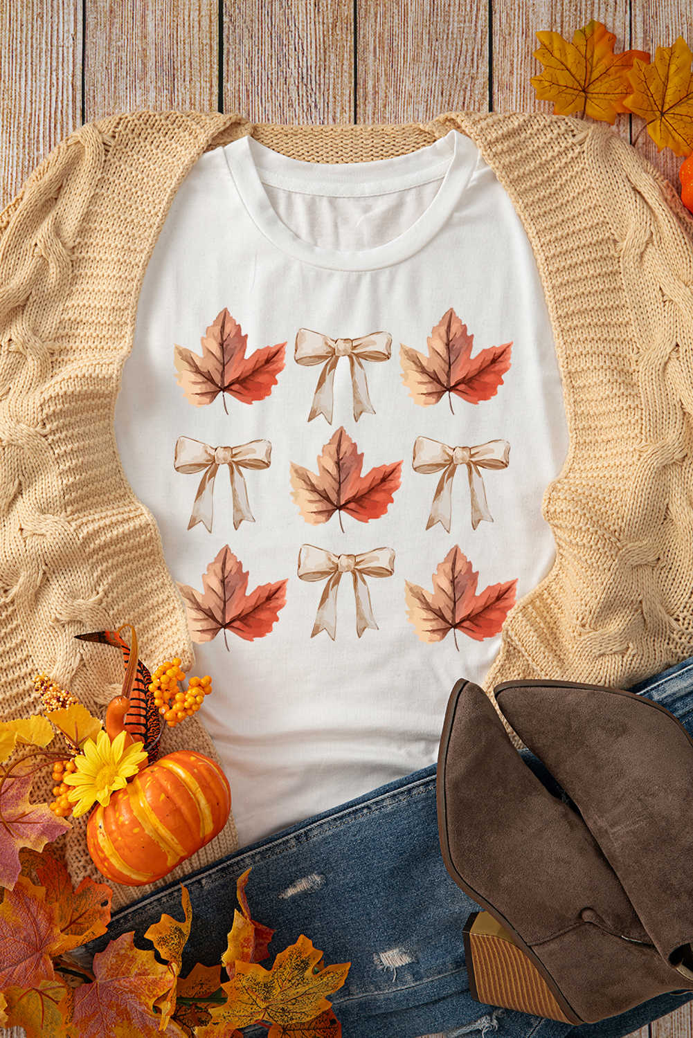 White Fall Leaf Bow Heat Transfer Printing T Shirt