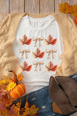 White Fall Leaf Bow Heat Transfer Printing T Shirt