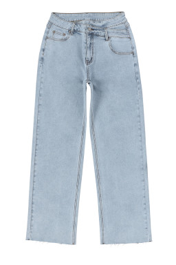 Sky Blue Mid Rise Asymmetrical Waist Wide Leg Jeans