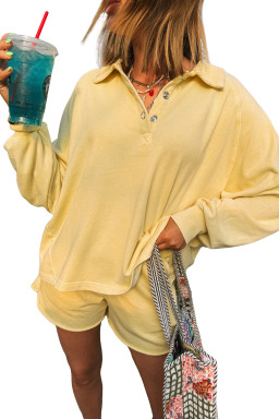 Yellow Cream Button Collar Drop Shoulder Pullover and Shorts Set