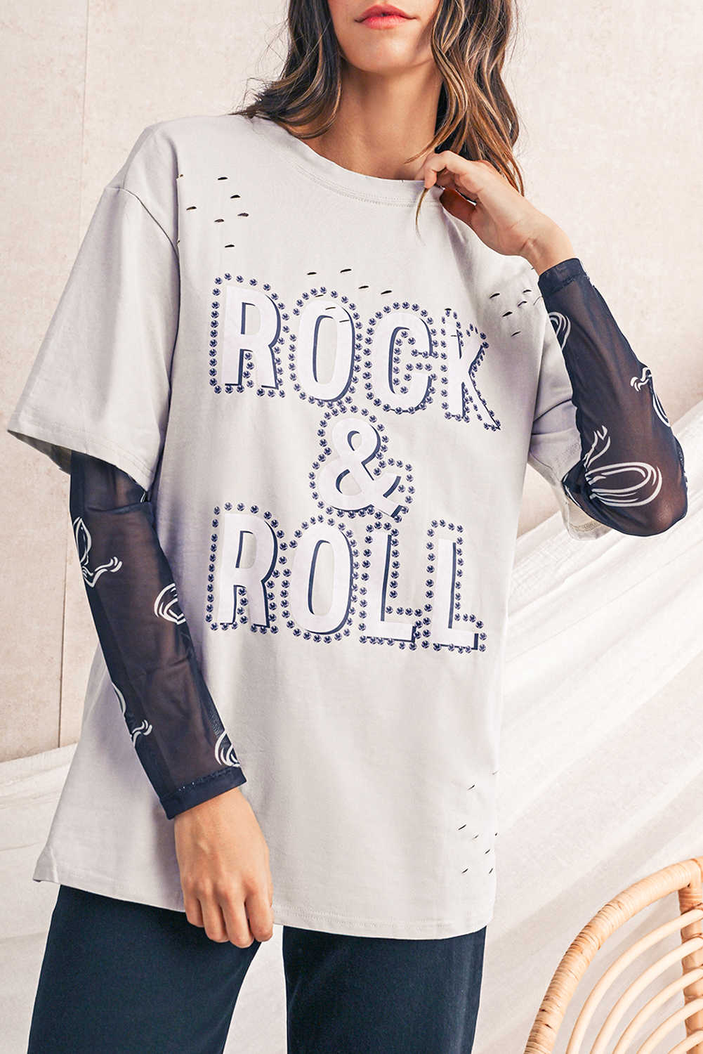 Gray Rock & Roll Graphic Ripped Oversized Tee