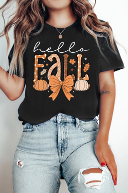 Black Hello Fall Thanksgiving Bow Pumpkin Heat Transfer Printing Graphic Tee