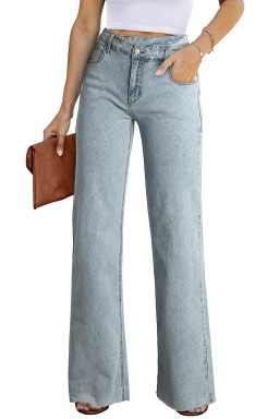 Sky Blue Mid Rise Asymmetrical Waist Wide Leg Jeans