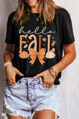 Black Hello Fall Thanksgiving Bow Pumpkin Heat Transfer Printing Graphic Tee
