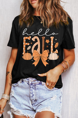Black Hello Fall Thanksgiving Bow Pumpkin Heat Transfer Printing Graphic Tee