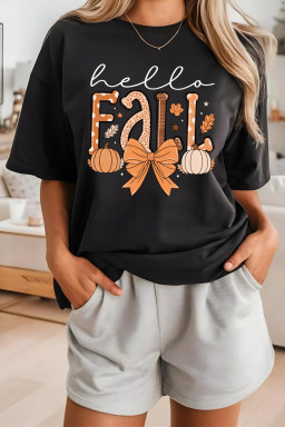 Black Hello Fall Thanksgiving Bow Pumpkin Heat Transfer Printing Graphic Tee