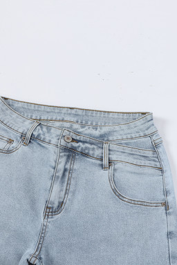 Sky Blue Mid Rise Asymmetrical Waist Wide Leg Jeans