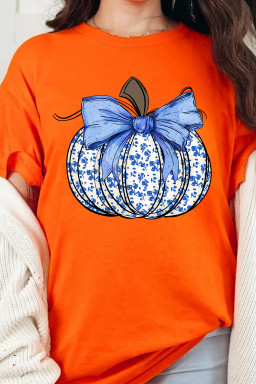 Orange Floral Pumpkin Bow Heat Transfer Printing Thanksgiving T Shirt