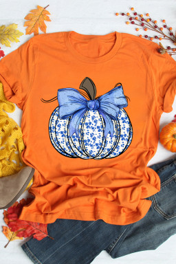 Orange Floral Pumpkin Bow Heat Transfer Printing Thanksgiving T Shirt