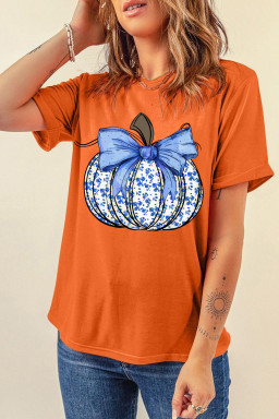 Orange Floral Pumpkin Bow Heat Transfer Printing Thanksgiving T Shirt