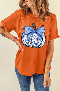 Orange Floral Pumpkin Bow Heat Transfer Printing Thanksgiving T Shirt