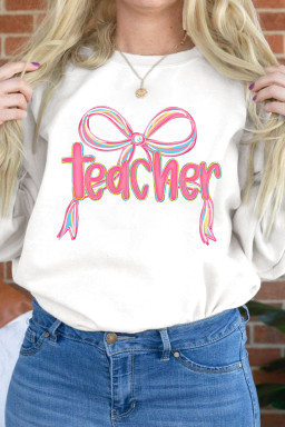 White teacher Bow Heat Transfer Printing Graphic Pullover Sweatshirt