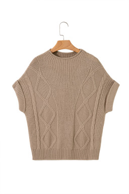 Smoke Gray Textured Knit Mock Neck Short Sleeve Sweater