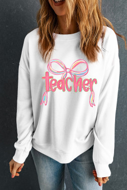 White teacher Bow Heat Transfer Printing Graphic Pullover Sweatshirt