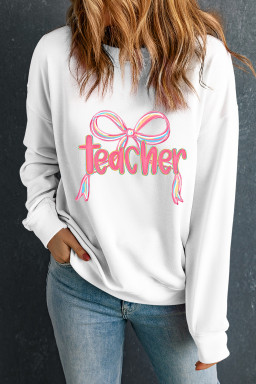 White teacher Bow Heat Transfer Printing Graphic Pullover Sweatshirt