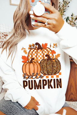 White Hello Pumpkin Thanksgiving Heat Transfer Printing Graphic Sweatshirt