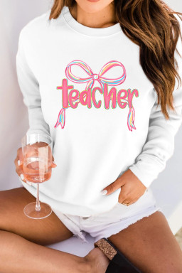 White teacher Bow Heat Transfer Printing Graphic Pullover Sweatshirt